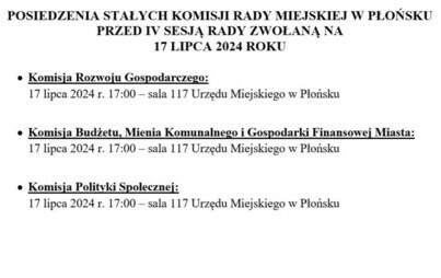 Zdjęcie do POSIEDZENIA STAŁYCH KOMISJI RADY MIEJSKIEJ W PŁOŃSKU PRZED IV SESJĄ RADY ZWOŁANĄ NA 17 LIPCA 2024 ROKU