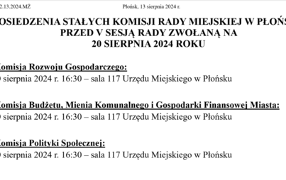 Zdjęcie do POSIEDZENIA STAŁYCH KOMISJI RADY MIEJSKIEJ W PŁOŃSKU PRZED V SESJĄ RADY ZWOŁANĄ NA 20 SIERPNIA 2024 ROKU