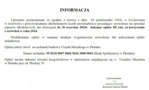 Zdjęcie do Infomacja dot. terminu składania oświadczeń oraz uiszczania opłaty za korzystanie z zezwoleń na sprzedaż alkoholu