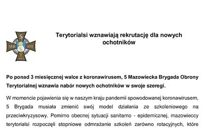 Zdjęcie do Terytorialsi wznawiają rekrutację dla nowych ochotnik&oacute;w