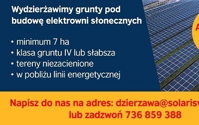 Zdjęcie do Ogłoszenie - Dzierżawa grunt&oacute;w pod budowę farmy fotowoltaicznej