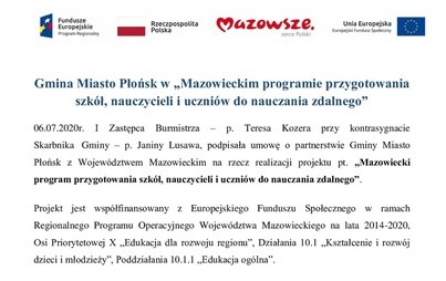 Zdjęcie do Gmina Miasto Płońsk w &bdquo;Mazowieckim programie przygotowania szk&oacute;ł, nauczycieli i uczni&oacute;w do nauczania zdalnego&rdquo;
