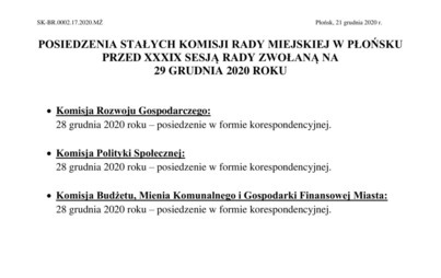 Zdjęcie do Posiedzenia Stałych Komisji Rady Miejskiej w Płońsku przed XXXIX sesją rady zwołaną na 29 grudnia 2020 r.