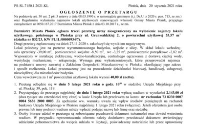 Zdjęcie do Ogłoszenie o przetargu na wyłonienie najemcy lokalu użytkowego, położonego w Płońsku przy ul. Grunwaldzkiej 2, o powierzchni użytkowej 53,57 m2 