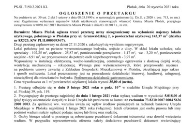 Zdjęcie do Ogłoszenie o przetargu na wyłonienie najemcy lokalu użytkowego, położonego w Płońsku przy ul. Grunwaldzkiej 2, o powierzchni użytkowej 143,37 m2 