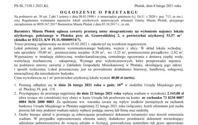 Zdjęcie do Przetarg ustny nieograniczony na wyłonienie najemcy lokalu użytkowego, położonego w Płońsku przy ul. Grunwaldzkiej 2, o powierzchni użytkowej 53,57 m2 