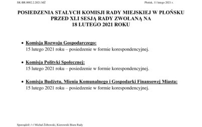 Zdjęcie do Posiedzenia Stałych Komisji Rady Miejskiej w Płońsku przed XLI sesją rady zwołaną na 18 lutego 2021 r.