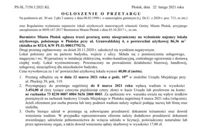 Zdjęcie do Przetarg ustny nieograniczony na wyłonienie najemcy lokalu użytkowego, położonego w Płońsku przy ul. Grunwaldzkiej 4, o powierzchni użytkowej 86,36 m2 