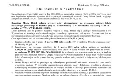 Zdjęcie do Przetarg ustny nieograniczony na wyłonienie najemcy lokalu użytkowego, położonego w Płońsku przy ul. Grunwaldzkiej 7, o powierzchni użytkowej 47,00 m2 