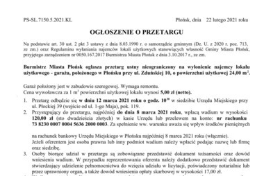 Zdjęcie do Przetarg ustny nieograniczony na wyłonienie najemcy lokalu użytkowego - garażu, położonego w Płońsku przy ul. Zduńskiej 10, o powierzchni użytkowej 24,00 m2