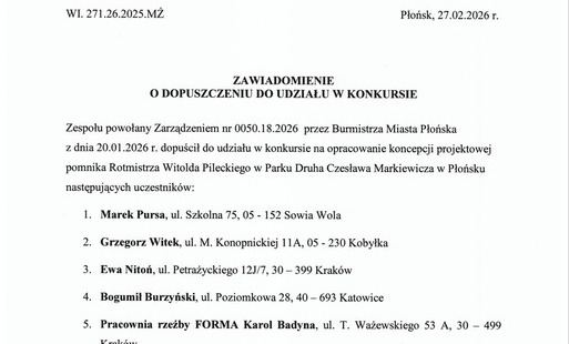 Zdjęcie do ZAWIADOMIENIE O DOPUSZCZENIU DO UDZIAŁU W KONKURSIE