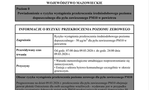 Zdjęcie do Powiadomienie o ryzyku wystąpienia przekroczenia średniodobowego poziomu dopuszczalnego dla pyłu zawieszonego PM10 w powietrzu