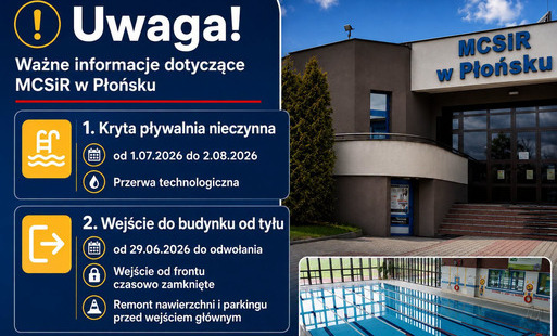 Zdjęcie do Ważna informacja dla os&oacute;b korzystających z obiekt&oacute;w Miejskiego Centrum Sportu i Rekreacji w Płońsku