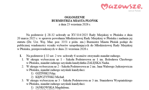Zdjęcie do Ogłoszenie Burmistrza Miasta Płońsk w sprawie wybor&oacute;w uzupełniających do Młodzieżowej Rady Miejskiej w Płońsku